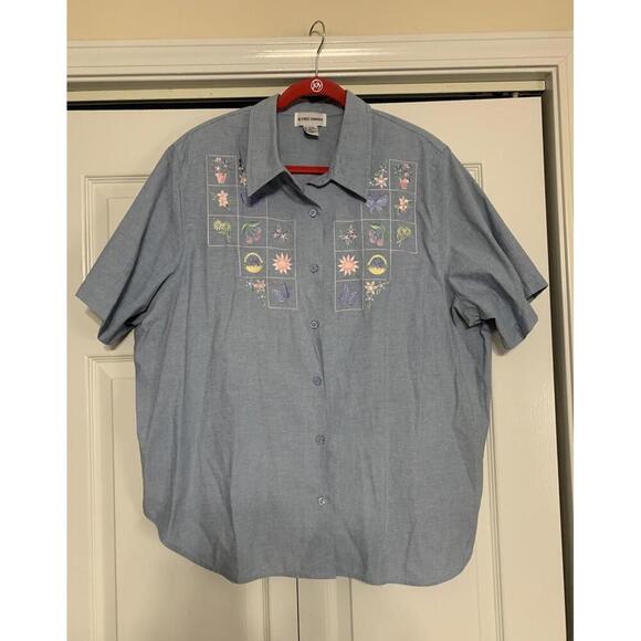 Vintage Alfred Dunner Blue Chambray Floral Embroidered Button Up Top Sz 24W - Picture 1 of 7